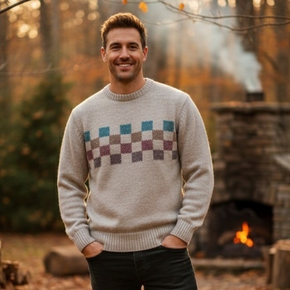Hunting Horn Mens M Vintage 100% Shetland Wool Checkerboard Sweater Oatmeal Vtg